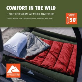 Ozark Trail 50-Degree Warm Weather Rectangular Sleeping Bag, Red, 33"x75"