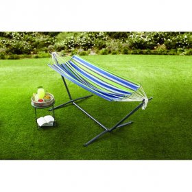 Mainstays Blue Striped Hammock with Metal Stand, Portable Carrying Case, Blue Color