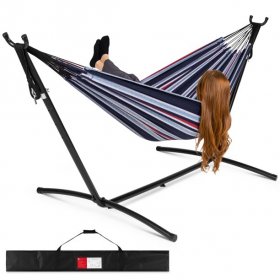Best Choice Products 2-Person Brazilian-Style Cotton Double Hammock with Stand Set w/ Carrying Bag - Abyss